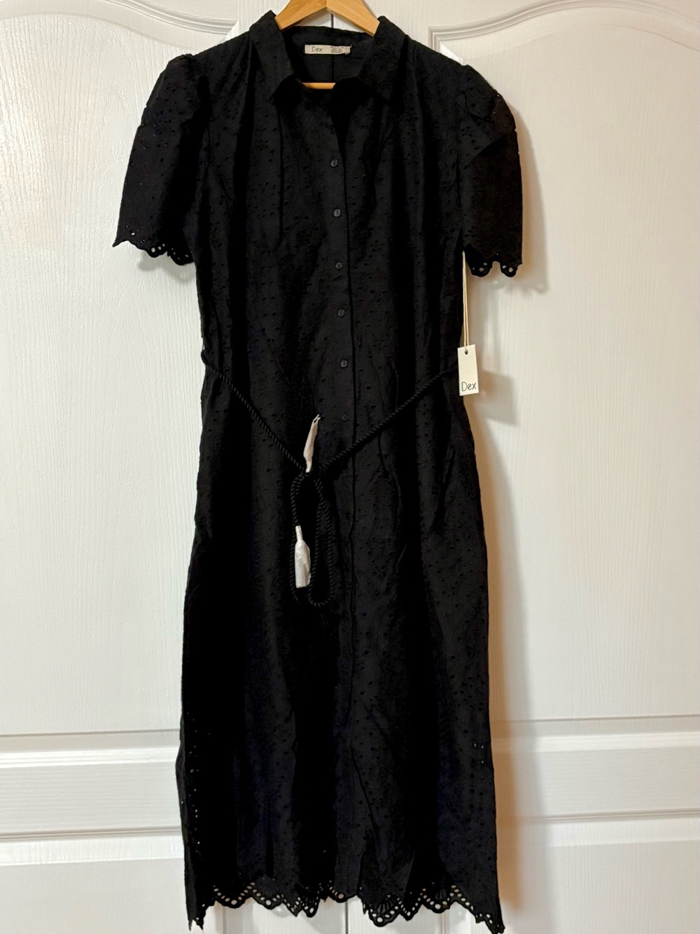 Dex Black Eyelet Button-Front Midi Dress with Braided Waist Tie Size XL